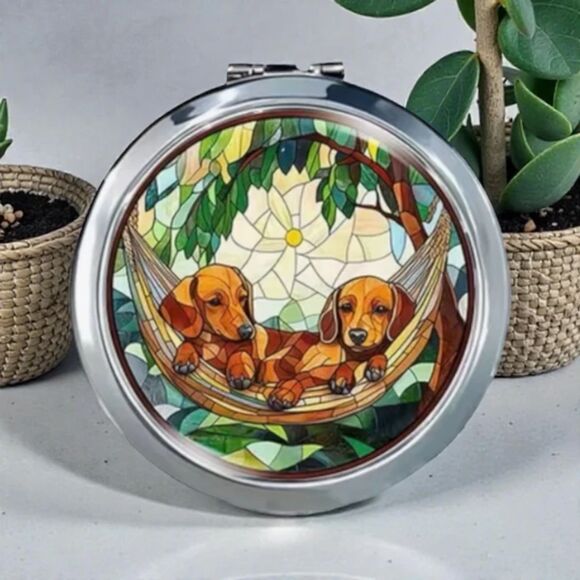 Dachshund Hammock Stained Glass Style Compact Mirror Round Makeup Mirror 2.76” - Picture 1 of 4